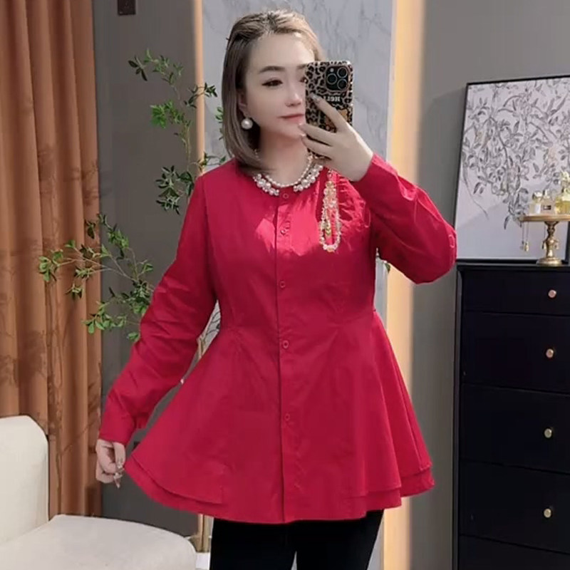 小众设计感收腰钉珠衬衫上衣女胖mm2025冬季新款宽松大码显瘦女装,女装/女士精品,大码内搭,淘宝优惠券,粉丝福利购,淘宝优惠卷