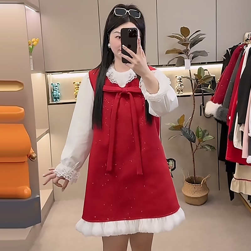 蝴蝶结毛呢撒亮片背心裙衬衫套装胖mm2026春冬新显瘦宽松大码女装,女装/女士精品,大码套装,淘宝优惠券,粉丝福利购,淘宝优惠卷