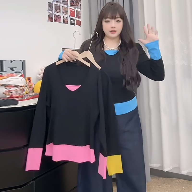 韩系撞色假两件上衣女休闲小衫潮