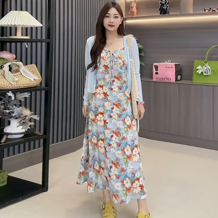 法式花朵吊带连衣裙冰丝外披女胖mm2026夏季新款显瘦宽松大码女装