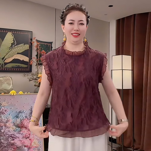 纽扣美背木耳边砍袖清新小衫上衣