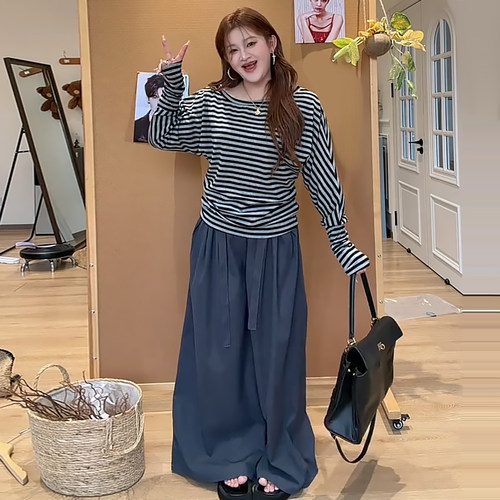 慵懒风条纹斜肩长袖上衣阔腿裤女