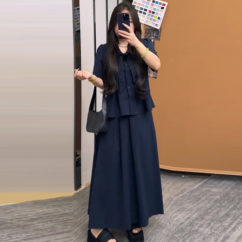 学院风蝴蝶结短袖上衣半身裙套装