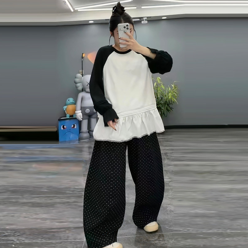撞色菲菲边大衫上衣波点弯刀裤胖mm2026春冬新款显瘦宽松大码女装,女装/女士精品,大码套装,淘宝优惠券,粉丝福利购,淘宝优惠卷