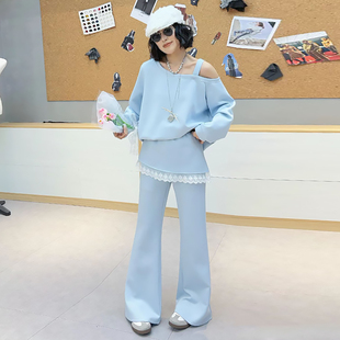漏单肩长袖上衣拼蕾丝休闲裤套装胖mm2026春季款显瘦宽松大码女装