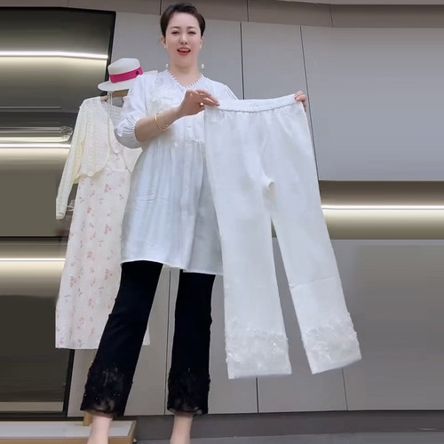 拼蕾丝亮片高腰休闲裤韩版女裤子