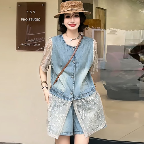 夏季拼蕾丝牛仔外套高腰短裤套装