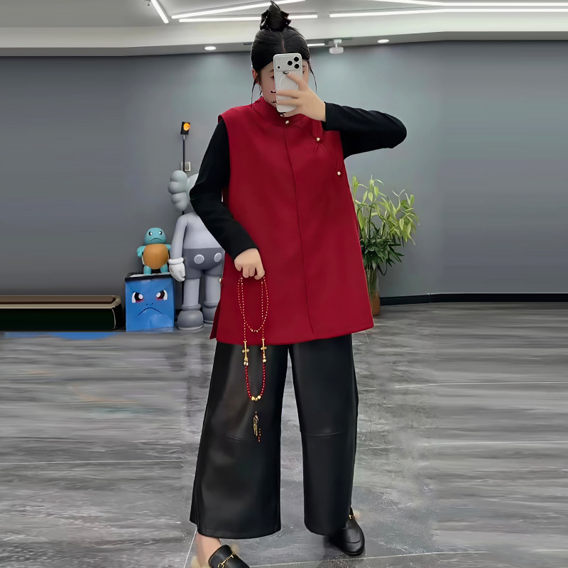 新中式毛呢马甲女马夹PU皮裤子胖mm2025冬季新款显瘦宽松大码女装,女装/女士精品,大码套装,淘宝优惠券,粉丝福利购,淘宝优惠卷