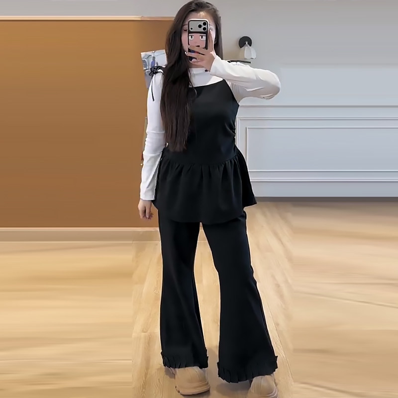 韩系系带荷叶边吊带打底衫裤子胖mm2026春冬新款显瘦宽松大码女装,女装/女士精品,大码套装,淘宝优惠券,粉丝福利购,淘宝优惠卷