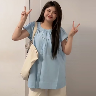女短袖 甜美娃娃衫 显瘦女装 法式 宽松大码 上衣胖mm2024夏季 衬衫 新款
