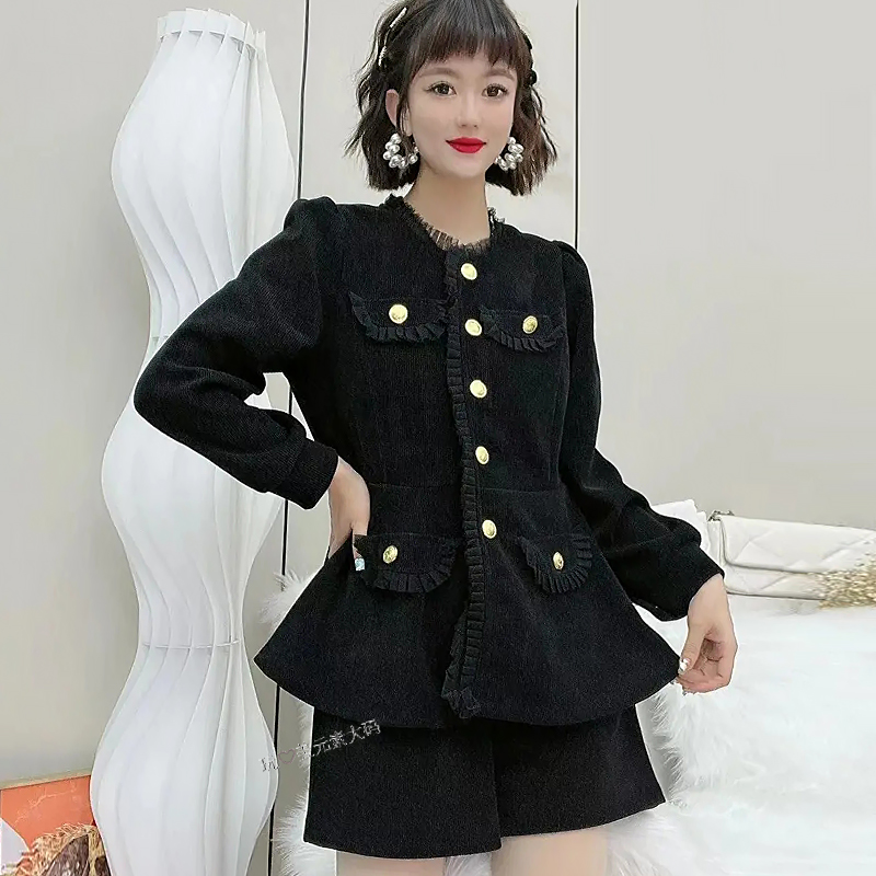 压褶边刺绣外套休闲大码短裤套装微胖mm2023秋季新款显瘦宽松女装
