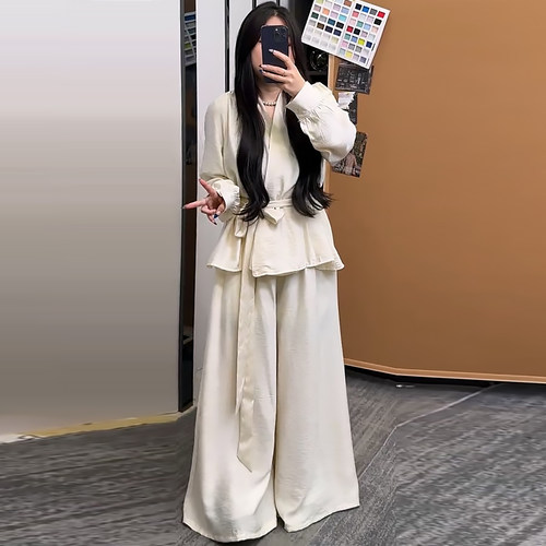 V领长袖衬衫女系带上衣裤子套装