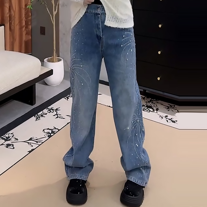 重工烫钻烟花高腰加绒牛仔裤大码