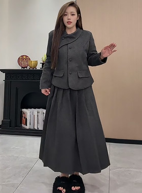 小西服长裙斜领外套半身裙子套装