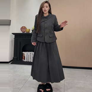女装 显瘦宽松大码 胖mm2025冬季 小西服长裙斜领外套半身裙加棉套装