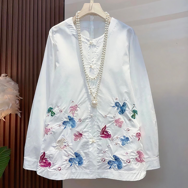 蝴蝶刺绣衬衫女国潮风打底上衣胖mm2026春冬新款宽松大码显瘦女装,女装/女士精品,大码内搭,淘宝优惠券,粉丝福利购,淘宝优惠卷
