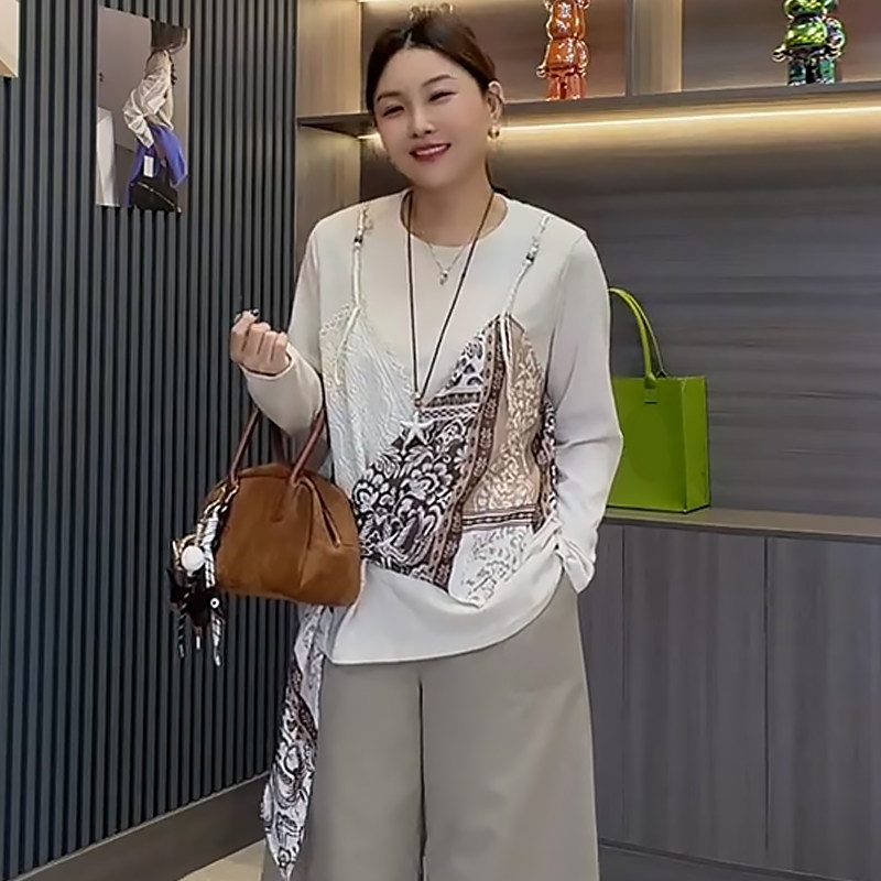 蕾丝拼接丝巾T恤打底衫上衣胖mm2026秋季新款宽松大码显瘦女装潮