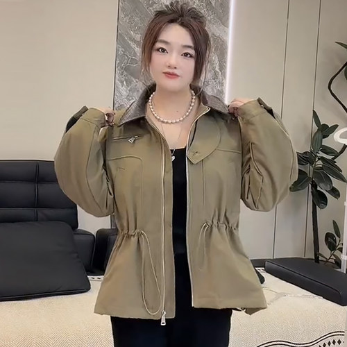 编织皮领拼接加棉外套女二棉上衣