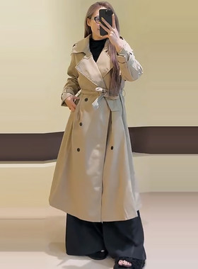 翻领双排扣风衣女长款休闲外套潮