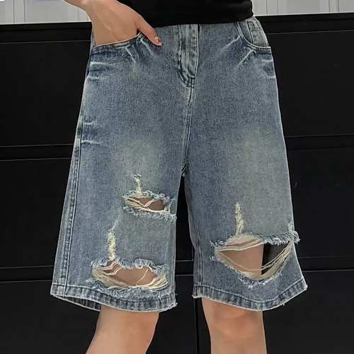 高腰破洞牛仔裤做旧个性女裤大码