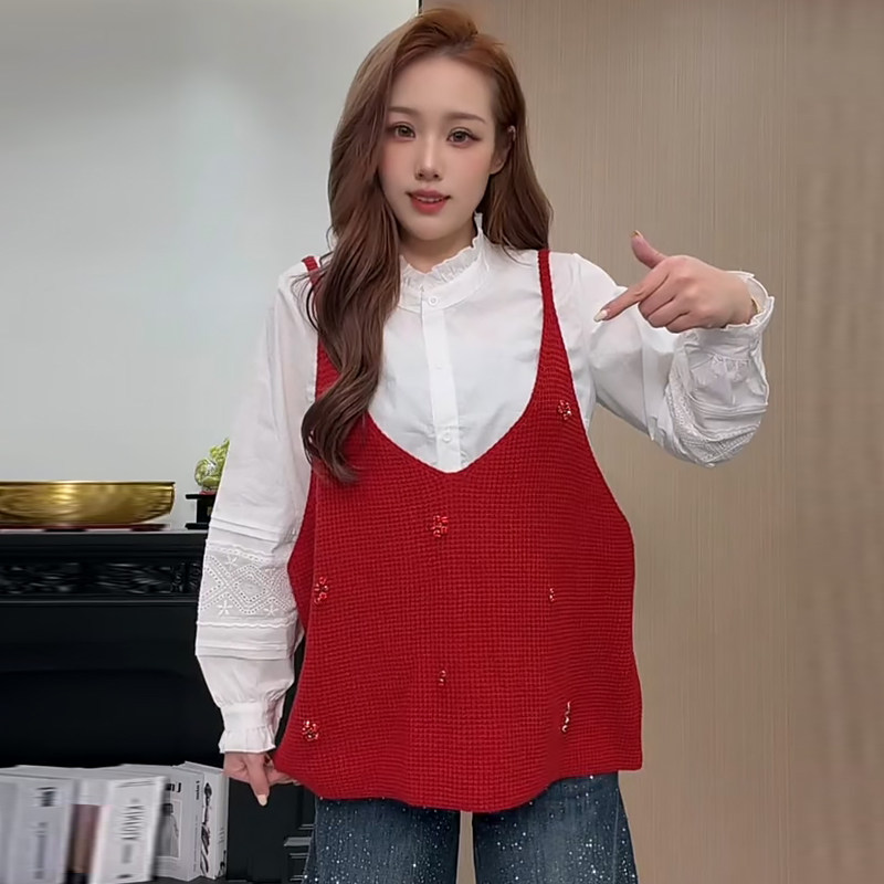 钉钻针织马甲叠穿衬衫休闲上衣胖mm2026春冬新款显瘦宽松大码女装,女装/女士精品,大码套装,淘宝优惠券,粉丝福利购,淘宝优惠卷