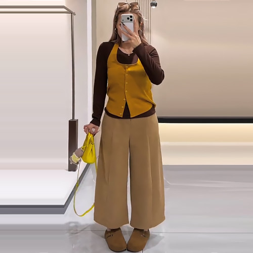 叠穿系扣吊带背心打底衫条绒女裤