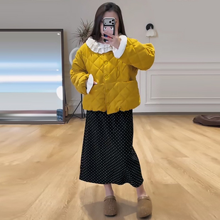女装 新显瘦宽松大码 波点半身裙胖mm2025冬季 菱形格棉服外套打底衫