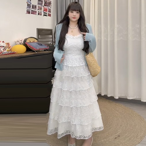 韩系吊带蕾丝蛋糕裙开衫外披大码