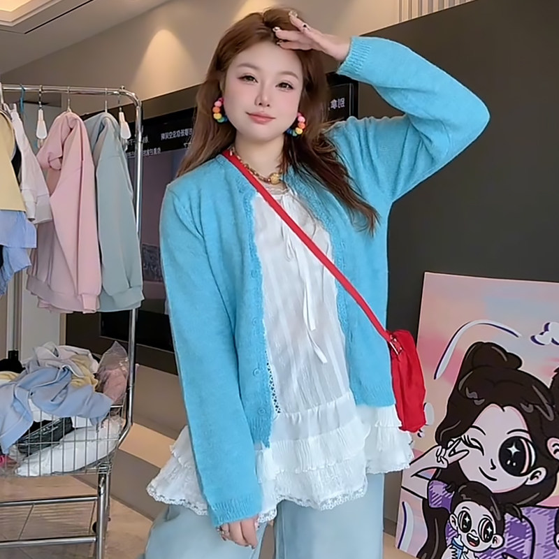 糖果色针织开衫外搭坎袖蕾丝衫胖mm2026春季新款显瘦宽松大码女装