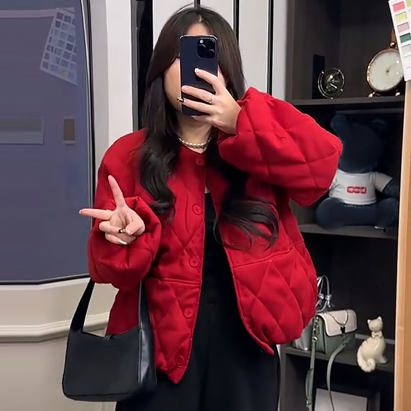 灯芯绒菱格棉服女时尚加厚外套潮