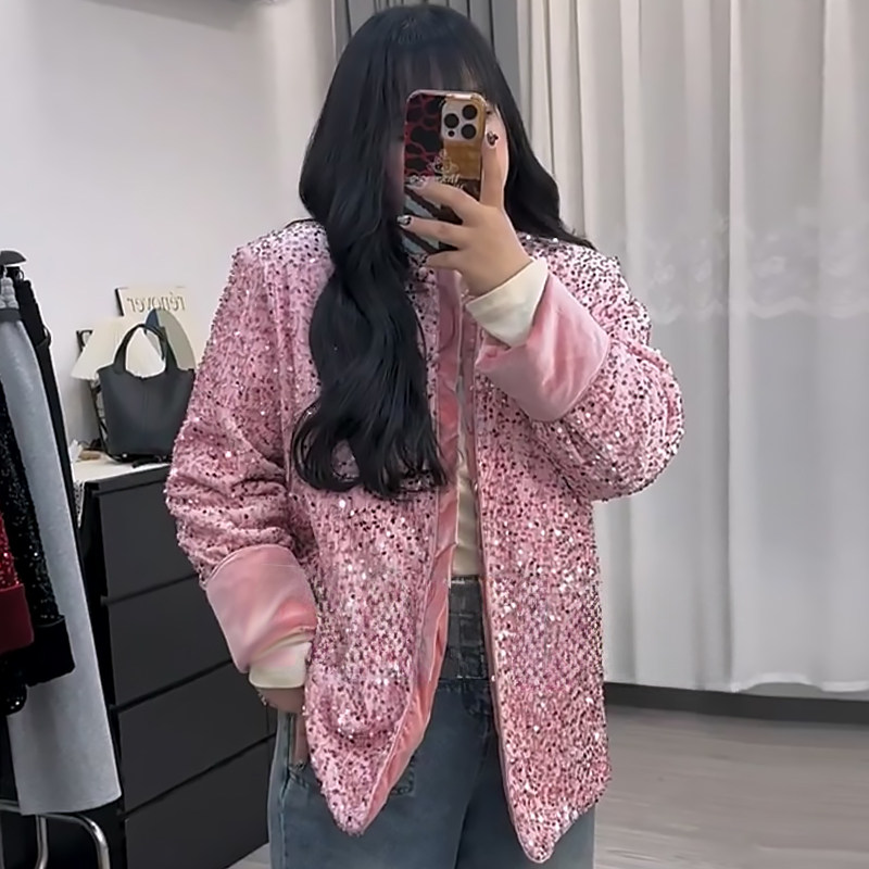 新中式重工亮片棉服二棉外套女胖mm2024显瘦新款宽松大码冬季女装,女装/女士精品,常规大码外套,淘宝优惠券,粉丝福利购,淘宝优惠卷