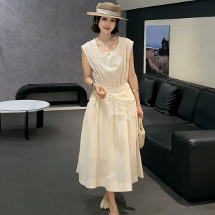 拼蕾丝腰巾坎肩连衣裙女两件套胖mm2026夏季新款显瘦宽松大码女装