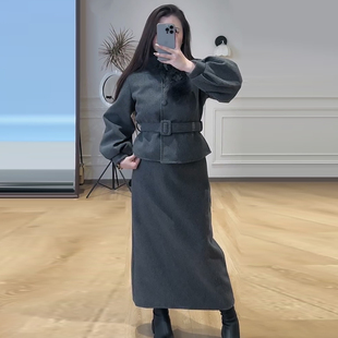 显瘦宽松女装 大码 新款 胖mm2025冬季 简约气质外套女高腰半身裙套装