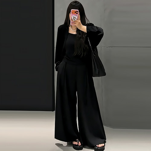 蝙蝠袖开衫外披吊带背心西服裤子