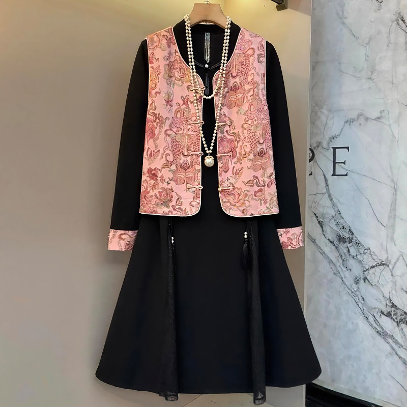 新中式国风提花马甲连衣裙套装胖mm2026春冬新款显瘦宽松大码女装,女装/女士精品,大码套装,淘宝优惠券,粉丝福利购,淘宝优惠卷