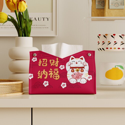 原创招财猫纸巾盒家用客厅餐桌床头柜可爱创意抽纸盒皮质轻奢高级