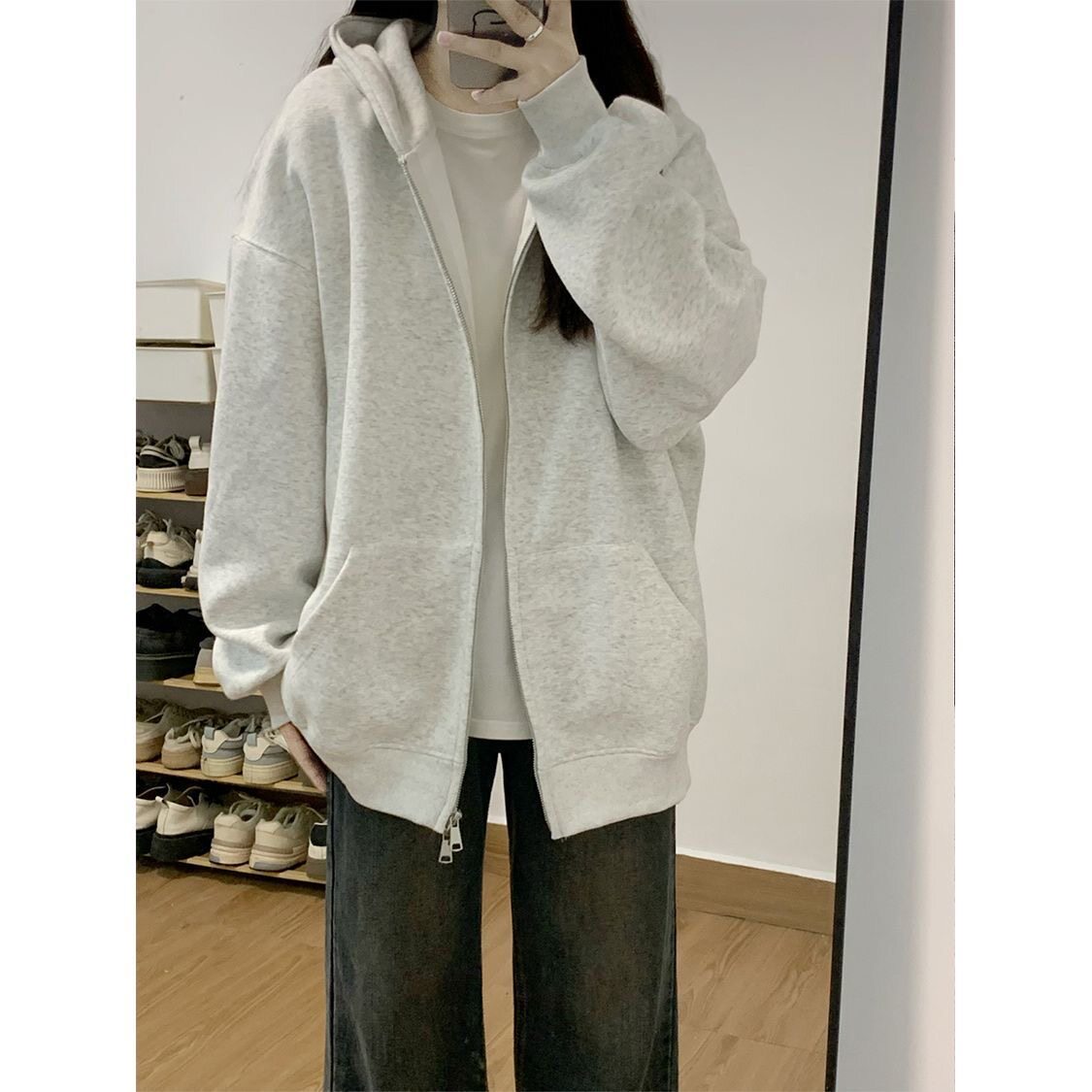 灰色卫衣外套女春秋连帽小个子拉链开衫韩版休闲宽松加绒加厚上衣