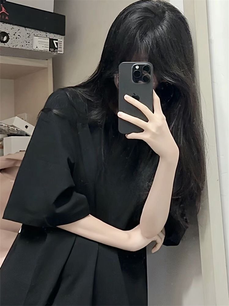 夏季100%纯棉黑色短袖t恤女学生韩版潮宽松ins风中长款半袖上衣服