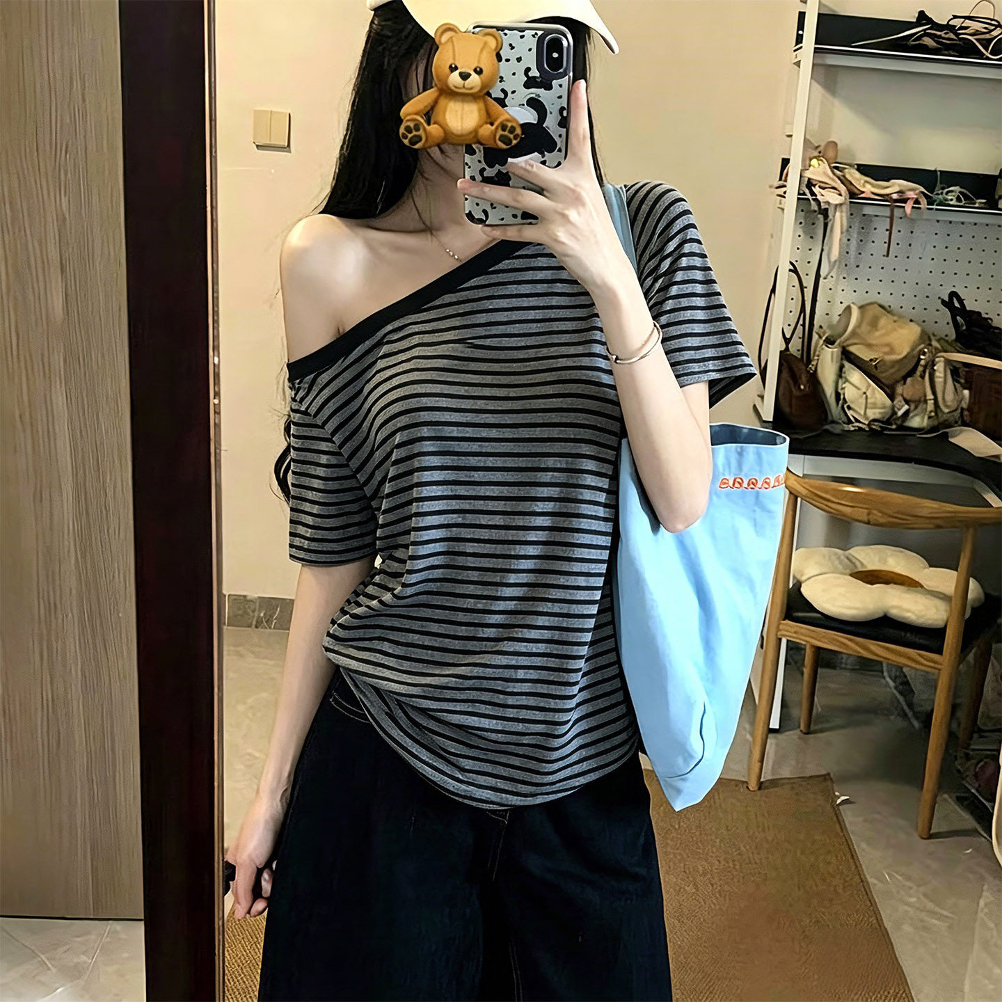 美式复古撞色条纹斜肩短袖t恤女夏季宽松显瘦辣妹露肩松弛感上衣