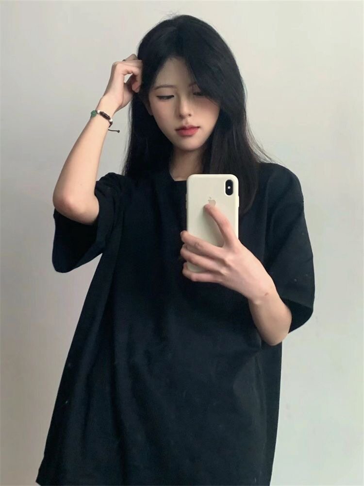 夏季100%纯棉黑色短袖t恤女学生韩版bf宽松ins风中长款半袖上衣服