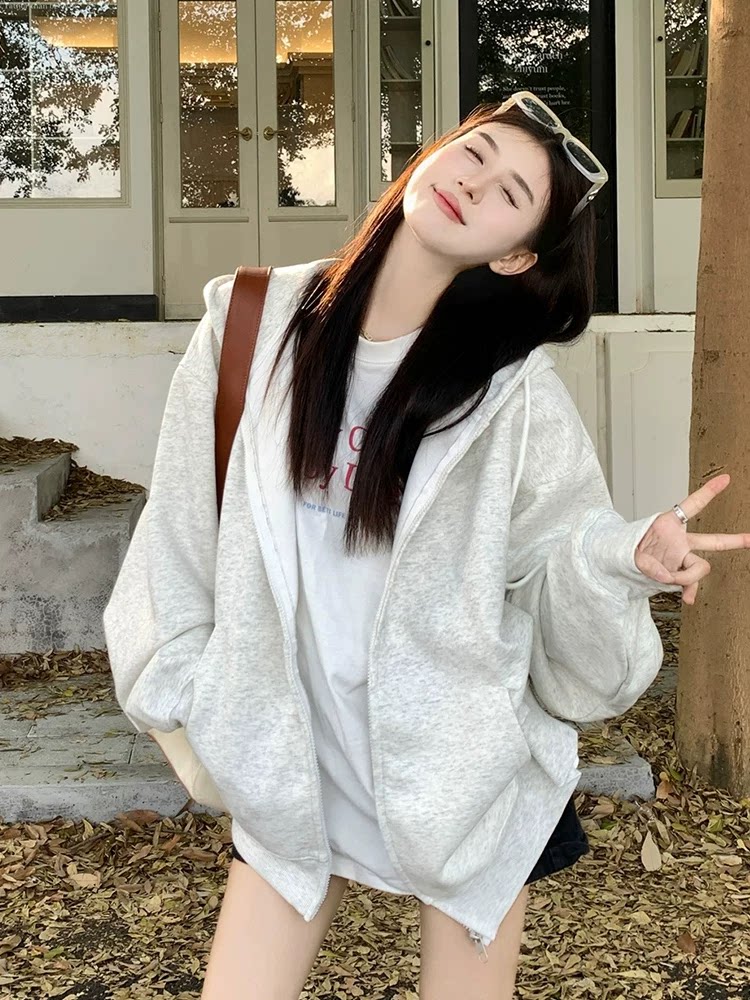 美式百搭开衫连帽衫卫衣女春秋2026宽松慵懒风加绒拉链外套潮ins