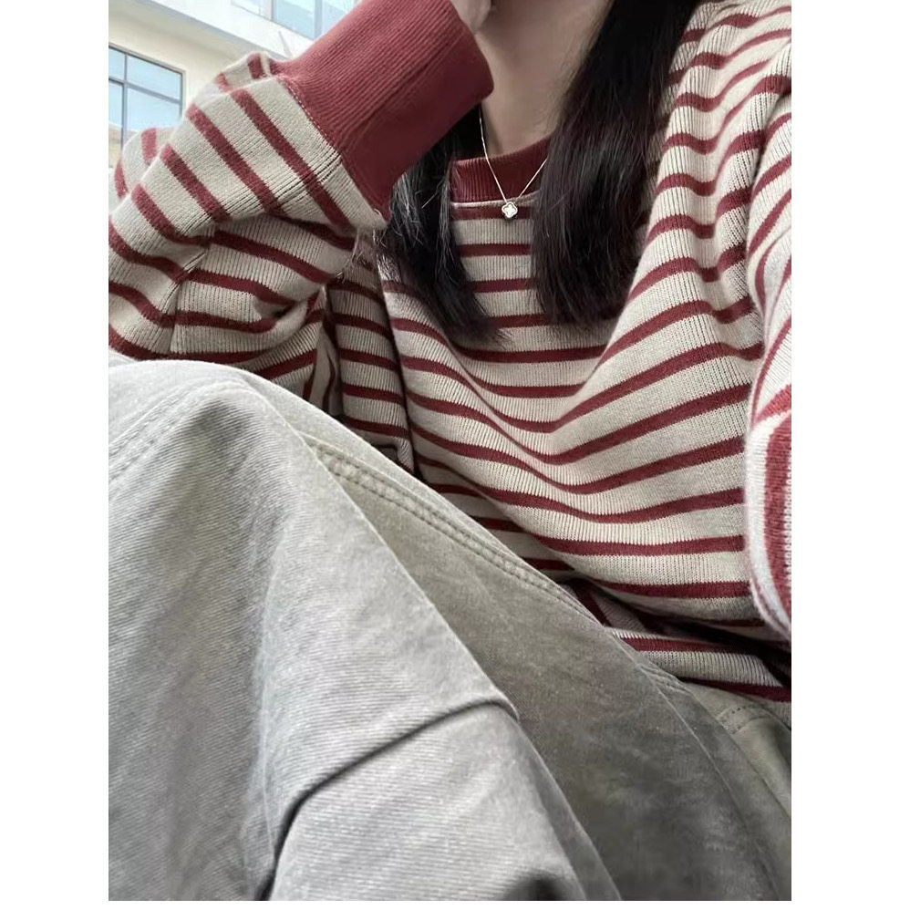 美式复古条纹圆领卫衣女2026秋冬季新款宽松显瘦加绒套头长袖上衣