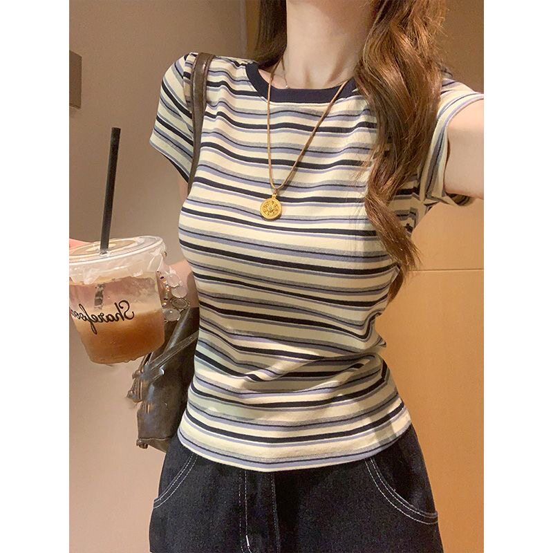 纯棉独特超好看单穿条纹正肩短袖T恤女夏季2026新款修身显瘦上衣