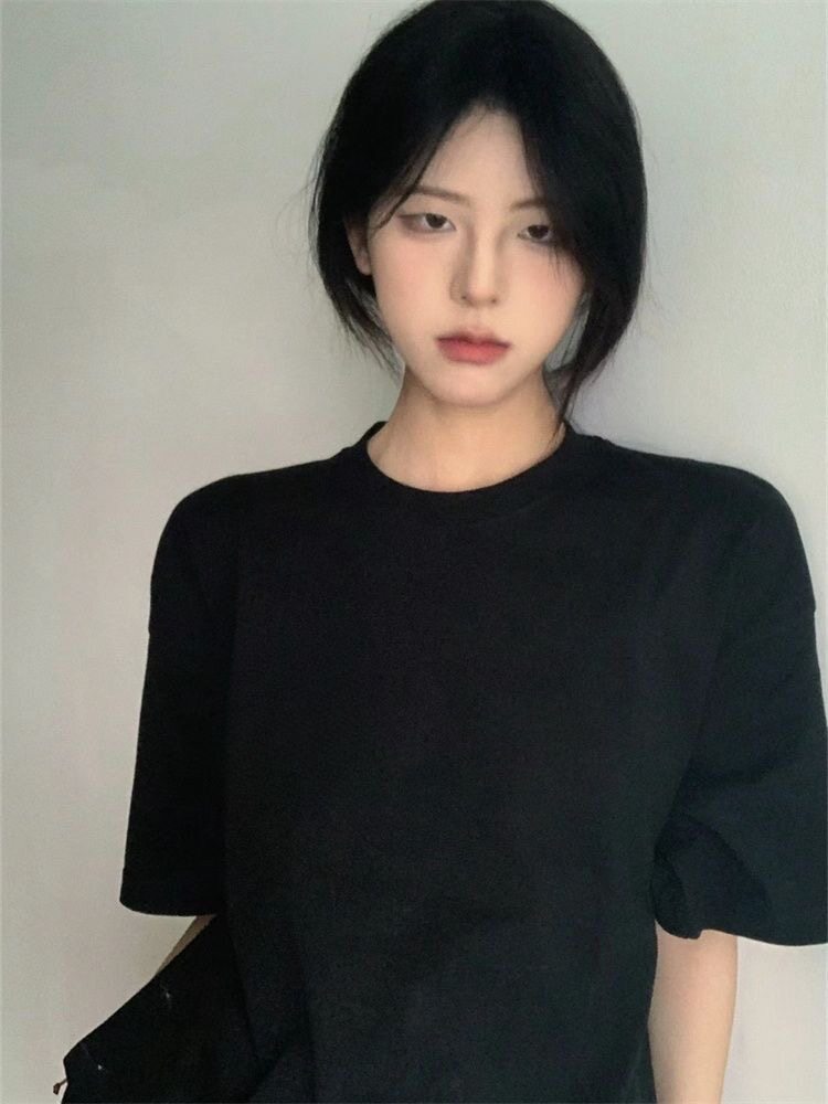 夏季100%纯棉黑色短袖t恤女学生韩版bf宽松ins风中长款半袖上衣服