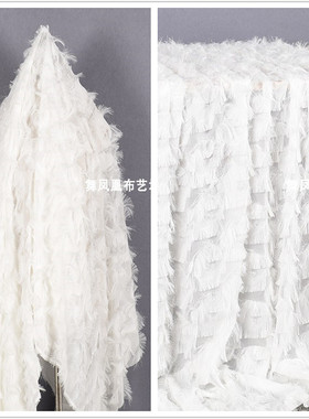 白色孔雀眼剪花立体羽毛流苏设计师面料 透视肌理网纱时装布料