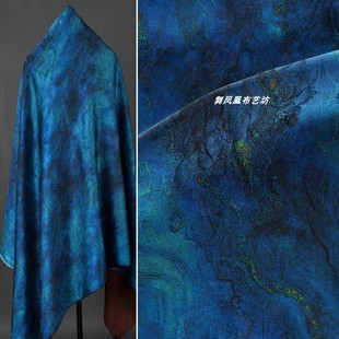 宝蓝色【瑶池仙境】香云纱花萝面料新中式旗袍连衣裙上衣丝滑布料