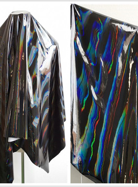 原创 黑色幻彩镭射仿皮革布料 七彩镜面黑色高弹力针织亮光皮面料