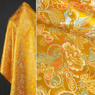 明黄色 蝴蝶恋花织锦缎提花面料 中国风汉服外套马甲丝滑光泽布料