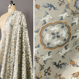 中国风浅青色织锦缎面料 高定仿真丝宋锦长袖旗袍绸缎汉服DIY布料