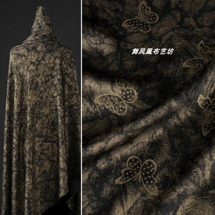 黑金色 蝴蝶醋酸鎏金提花肌理面料 新中式上衣连衣裙旗袍丝滑布料